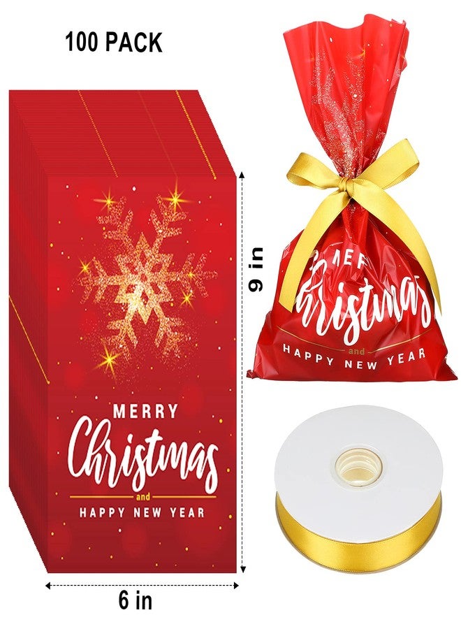 Tenare 100 Pieces Christmas Treat Bags Money Candy Cellophane Bag Loot Bags for Party with 22 Yards Beige Ribbon for Party Favor Party Supplies, 6 x 9 Inch(Delicate Style) - Image 2